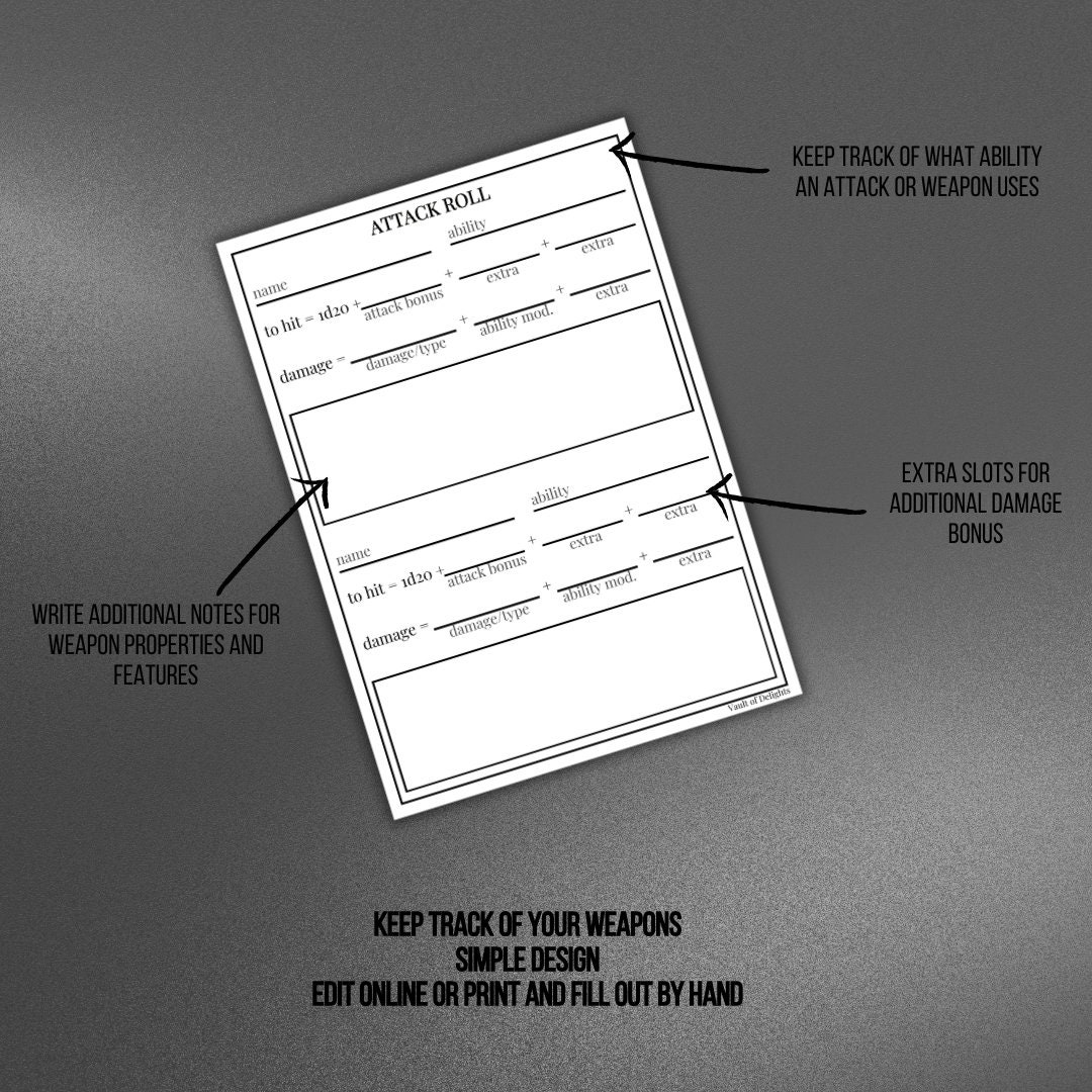 D&D Attack Roll Sheet DM / Dungeon Master Tools Attack Stats Sheet