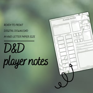 Cartão de Notas do Jogador de D&D | Ferramentas para Mestre/Mestre | Folha de Estatísticas | PDF para Preencher e Imprimir | Dungeons and Dragons