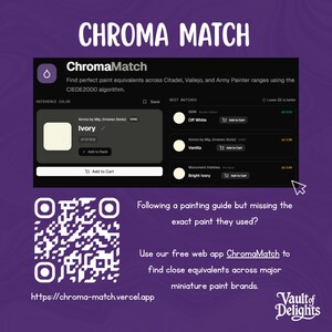 Puede incluir: Gr&aacute;fico p&uacute;rpura con el texto "CHROMA MATCH" y "ChromaMatch". La imagen muestra una herramienta de coincidencia de colores de pintura con opciones de color de pintura. Tambi&eacute;n se incluye un c&oacute;digo QR y una direcci&oacute;n de sitio web.
