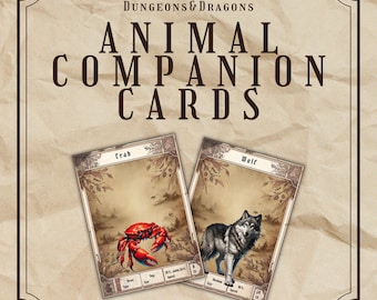 Könnte beinhalten: Zwei Dungeons & Dragons Tierbegleiterkarten. Eine Karte zeigt eine rote Krabbe, die andere einen grauen Wolf. Die Karten sind mit dekorativen Rändern versehen und enthalten die Wörter "Crab" und "Wolf". Der Hintergrund hat eine pergamentartige Textur.
