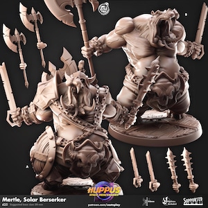May include: A 3D printed miniature of a fantasy creature, a Solar Berserker, wielding a large axe and a sword. The miniature is painted in a brown and grey color scheme. The miniature is part of a set of miniatures called "HUPPUS SPACE MERCENARIES".