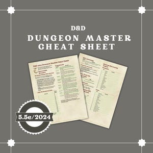 Könnte beinhalten: Zweiseitiges D&D Dungeon Master Cheat Sheet mit detaillierten Tabellen und Informationen. Der Text enthält "D&D 2024 Dungeon Master Cheat Sheet" und "NPC Attitudes". Ein kreisförmiges Abzeichen unten lautet "5.5e/2024". Der Hintergrund ist grau.