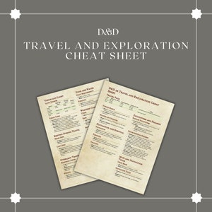 Puede incluir: Una hoja de trucos imprimible para Dungeons and Dragons (D&D) para viajes y exploración. La hoja incluye información sobre visión y luz, comida y agua, condiciones climáticas, descanso durante el viaje, viaje terrestre, ritmo de viaje, encuentros y peligros, navegación y supervivencia, y mapas y herramientas de navegación.