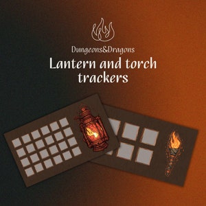 May include: Two brown wooden trackers for Dungeons & Dragons games. One tracker features a lantern with a red glass and a flame inside. The other tracker features a torch with a flame and a brown handle. Both trackers have blank squares for marking progress.