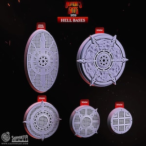 May include: A set of 6 gray plastic bases for miniature figures. The bases are round and feature a detailed design with a star in the center. The bases are available in sizes 25mm, 30mm, 35mm, 50mm, and 60mm oval.