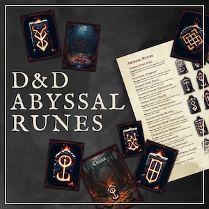 Può includere: Un set di carte D&D Abyssal Runes con sfondo nero e fiamme rosse e arancioni. Le carte presentano diversi simboli e il testo "Chaos" e "Abyssal Runes".
