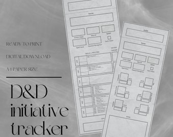 May include: Printable Dungeons & Dragons initiative tracker with sections for character name, armor class, hit points, speed, spell save, passive perception, dark vision, saving throws, skills and abilities, and notes. The tracker is designed for A4 paper size.