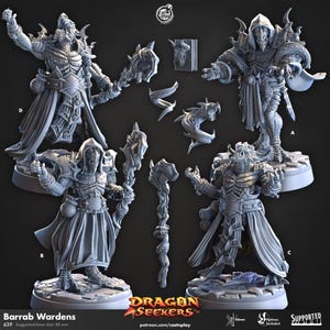 May include: Four grey 3D printed miniature figures of dragon-like creatures wearing robes and holding staffs. The figures are posed in different stances and are set against a black background. The text "Barrab Wardens" and "Dragon Seekers" is visible in the image.  Suggested base size: 30 mm.