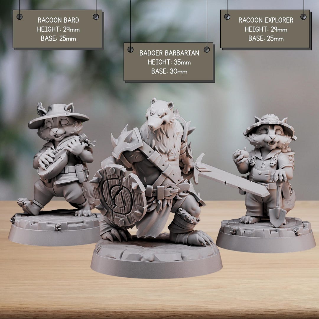 Badger Barbarian Miniature Racoon Bard Hunter Druid Figurine Dungeons ...