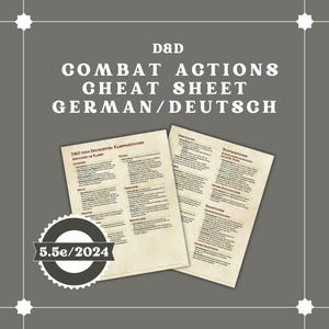 Könnte beinhalten: Ein graues Cheat Sheet für D&D-Kampfaktionen auf Deutsch. Der Text lautet "COMBAT ACTIONS CHEAT SHEET GERMAN/DEUTSCH" und "5.5e/2024". Zwei Seiten Text sind sichtbar, mit detaillierten Informationen zu Kampfaktionen.