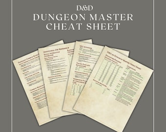 Könnte beinhalten: Ein Stapel von vier beigefarbenen D&D Dungeon Master Cheat Sheets. Das oberste Blatt zeigt den Titel "D&D Dungeon Master Cheat Sheet" in einer fetten, serifenlosen Schrift. Die Blätter enthalten Tabellen und Listen für das Gameplay.