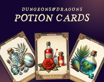 Könnte beinhalten: Drei Tränke-Karten für Dungeons & Dragons. Die Karten sind mit goldenen Verzierungen verziert und zeigen Illustrationen von Tränken in Glasflaschen, Blumen und anderen natürlichen Elementen. Der Text auf den Karten lautet "Trank der Unsichtbarkeit", "Trank der Heilung" und "Trank des Wasseratmens".