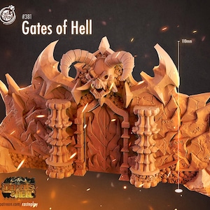 May include: A 3D printed miniature of a set of gates to hell, featuring a demonic skull and intricate details. The gates are 110mm tall and are part of the "Depths of Hell" series.