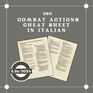 Könnte beinhalten: Graue Grafik mit dem Text "D&D COMBAT ACTIONS CHEAT SHEET IN ITALIAN". Zwei Papierbögen mit Text befinden sich in der Mitte. Ein kreisförmiges Abzeichen mit "5.5e/2024" befindet sich in der unteren linken Ecke.