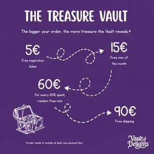 Puede incluir: Gr&aacute;fico p&uacute;rpura con texto e ilustraciones en blanco. El texto dice "The Treasure Vault" y detalla las recompensas por pedidos de diferentes cantidades, incluido un token de inspiraci&oacute;n gratuito, un mini del mes, un mini gratuito aleatorio y env&iacute;o gratuito.