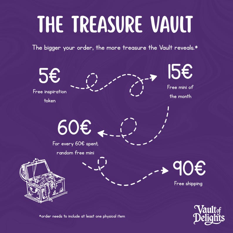 Puede incluir: Gr&aacute;fico p&uacute;rpura con texto e ilustraciones en blanco. El texto dice "The Treasure Vault" y detalla las recompensas por pedidos de diferentes cantidades, incluido un token de inspiraci&oacute;n gratuito, un mini del mes, un mini gratuito aleatorio y env&iacute;o gratuito.