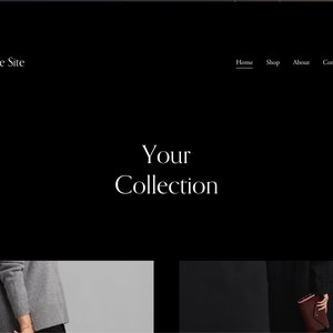 以下が含まれることがあります： 黒と白の画像で、黒い背景に白い文字で「Your Ecommerce Site」と「Your Collection」と書かれたウェブサイトのホームページが表示されています。ウェブサイトには、ホーム、ショップ、アバウト、コンタクト、インスタグラム、ショッピングカートのアイコンというナビゲーションバーがあります。
