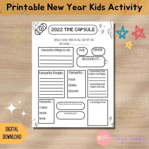 New Year’s Kids activity Printable I Printable time capsule for kids I Kid’s New Year. 2022 Year in review activity. New year eve game.