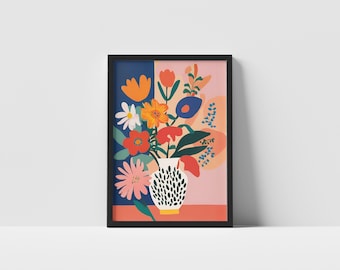 Matisse-stijl muurkunstafdruk, kleurrijke bloemenvaasposter, abstracte bloemenmuurkunst, moderne kunstafdruk, levendige poster voor woondecoratie