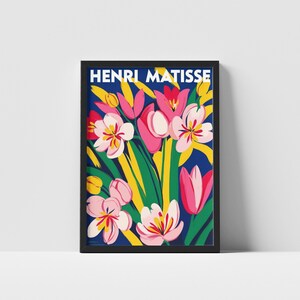 Henri Matisse Floral Poster, Matisse Style Floral Art Print, Colorful Bold Flowers on Blue,Modern Botanical Wall Art Poster for Vibrant Wall