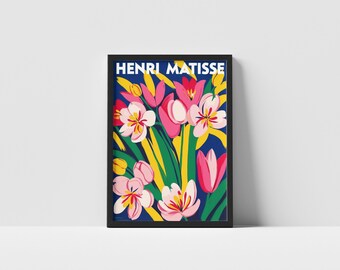 Póster floral de Henri Matisse, impresión artística floral estilo Matisse, flores coloridas y llamativas sobre azul, póster de arte mural botánico moderno para una pared vibrante.