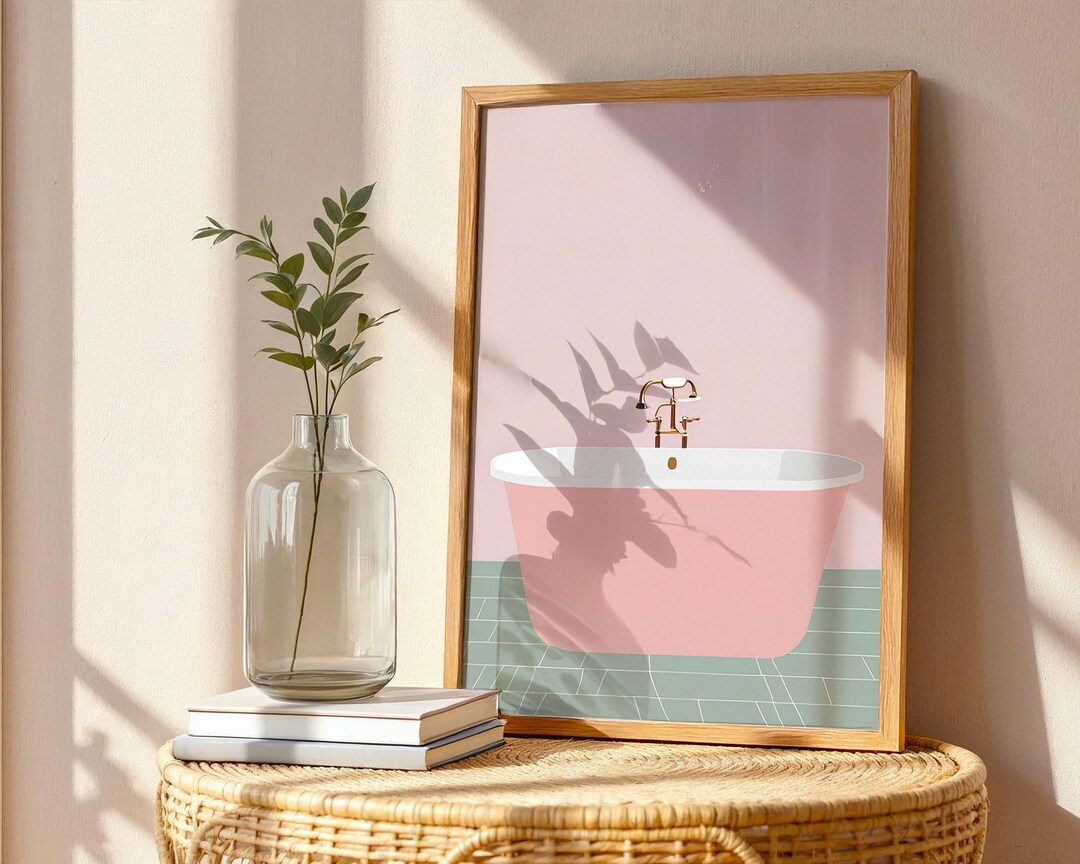 Bathroom Wall Art Print, Sage Green and Blush Pink Bathtub Poster ...