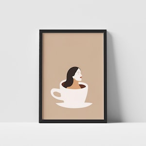 Coffee Lover Wall Art Print, Woman Relaxing in Coffee Cup Poster, Spa Self-Care Bathroom Decor, Minimalist Brown Aesthetic Art for Home