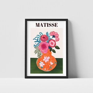 Póster de jarrón floral estilo Matisse, impresión artística vibrante con diseño floral colorido, arte mural abstracto moderno para sala de estar y galería.