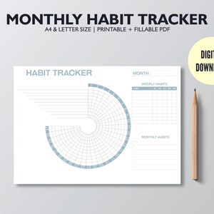 Circular Monthly Habit Tracker Printable, Habit Tracker Template, Routine Tracker, Goal Tracker A4/Letter, Landscape, Instant Download