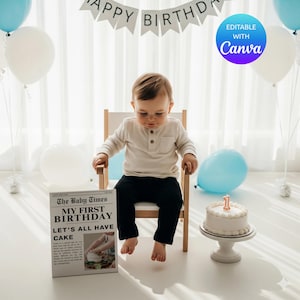 以下が含まれることがあります： 「Happy Birthday」と書かれたバナーの前で、赤ちゃんが小さな木製の椅子に座っています。1本のろうそくが立っている小さなケーキが台座の上にあります。「The Baby Times MY FIRST BIRTHDAY LET'S ALL HAVE CAKE」と書かれた看板があります。