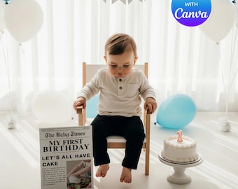 赤ちゃんの1歳の誕生日用新聞テンプレート、フォトマガジン（編集可能なCanvaファイル）