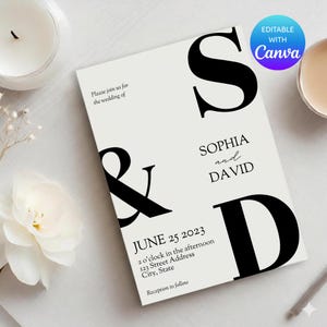 Puede incluir: Una invitación de boda minimalista con texto negro sobre fondo crema. La invitación incluye los nombres "Sophia y David" y la fecha "25 de junio de 2023". También incluye la hora, la dirección y una nota sobre la recepción.