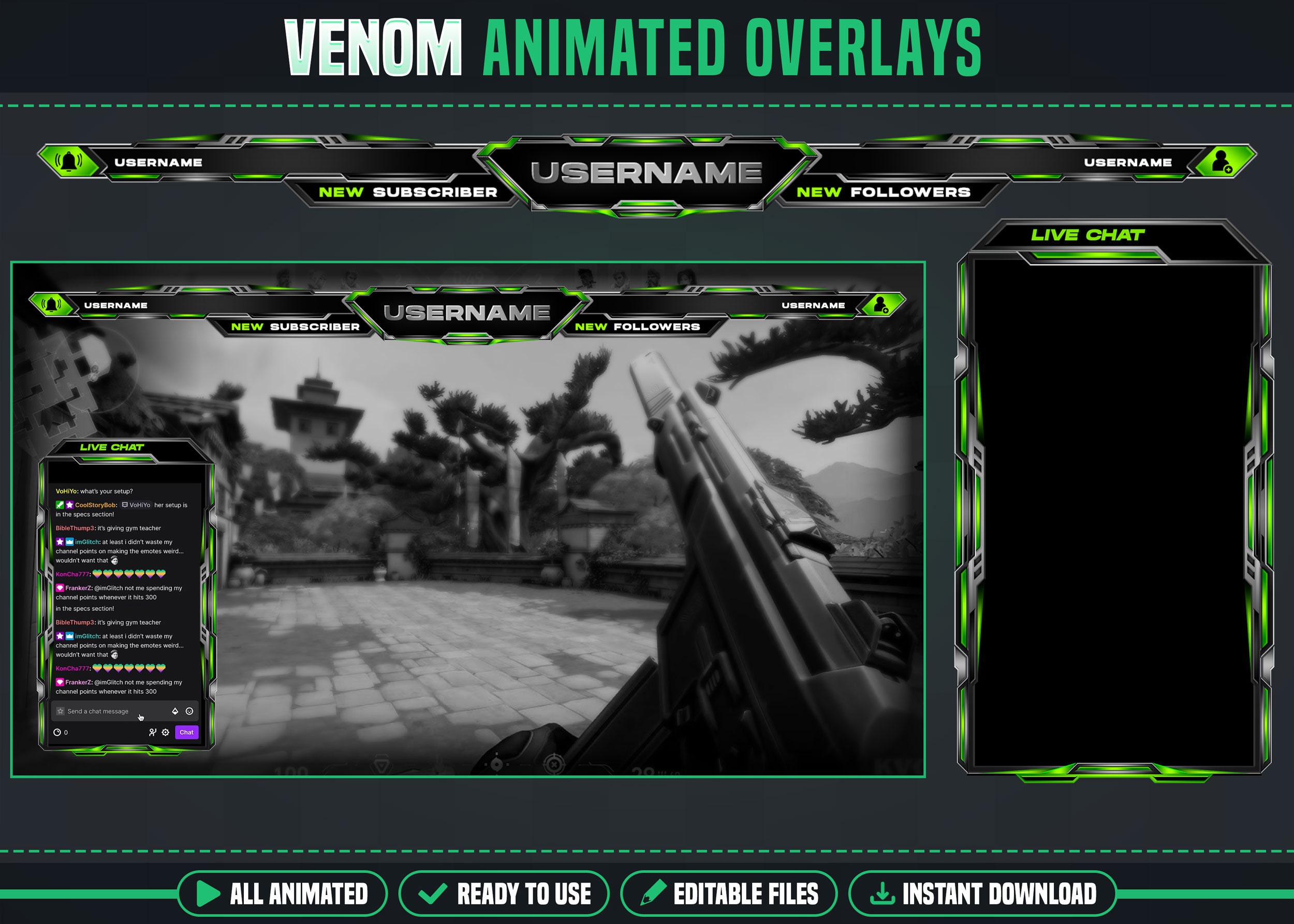 Professional Clean Green Overlay Pack for Twitch Twitch Overlay Stream ...