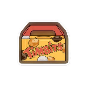 Puede incluir: Una pegatina con una caja de Timbits, un aperitivo canadiense. La caja amarilla tiene la palabra "Timbits" en una fuente divertida. En el interior hay varios agujeros de rosquilla en tonos marrones y blancos.