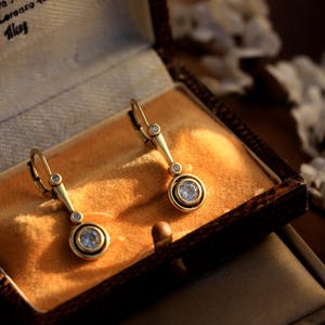 925 Sterling Silver Vermeil Small Round 1920s White CZ Vintage Style Sleeper Earrings Antiqued Gold Plated Lightweight