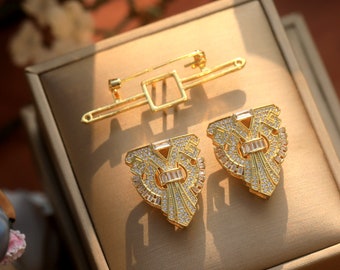 Atemberaubendes Art Deco geometrisches Fächer-Doppelclip-Broschen-Set mit weißem Zirkonia, 1920er-Jahre-Vintage-Stil, vergoldet, Great Gatsby