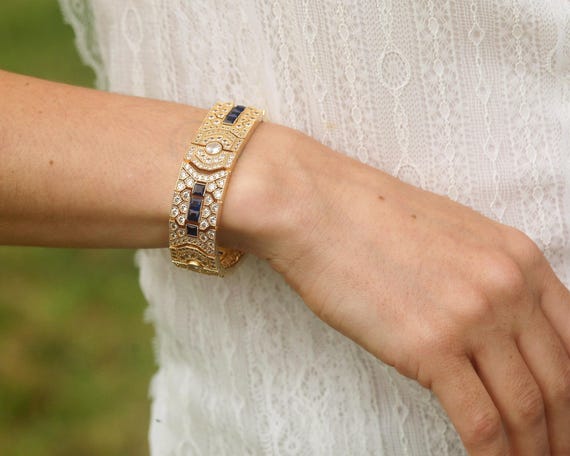 BELLE ÉPOQUE Sapphire Bracelet 18K WG Belle Epoque Art Deco Geometric CZ Delicate Emerald Green Blue