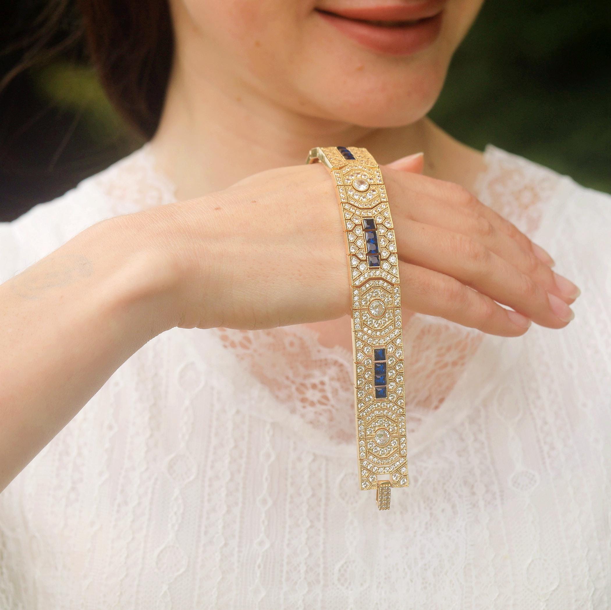 BELLE ÉPOQUE Sapphire Bracelet 18K WG Belle Epoque Art Deco Geometric CZ Delicate Emerald Green Blue