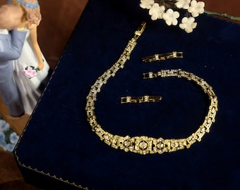 Stunning Art Deco Gold Silver Antique Edwardian Floral Choker Necklace Great Gatsby 1920s White Rhinestone Vintage Style Wedding