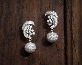 Stunning Clip on Non Pierced Silver Floral Moon Pearl Brass Stud Earrings Set with Clear CZ Art Deco 1920s Vintage Style