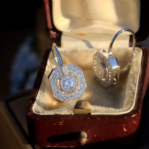 Stunning Art Deco 925 Sterling Silver Geometric Square Stud Earrings Set with White CZ Vintage 1920s Style Wedding Lightweight