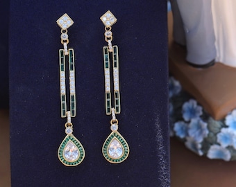 Boucles D'oreilles Clip (non Percées) - Pendant CZ Baguette Vert - Modèle SB1 - Neuf Sans Emballage