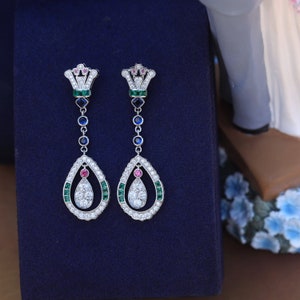 Boucles d'oreille Art Deco Clous Clip on Eventail CZ Multicolore Vert Bleu Ruby Goutte Vintage Style 1920 Mariage Great Gatsby Légère Rhodié image 1