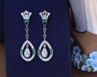 Boucles d'oreille Art Deco Clous Clip on Eventail CZ Multicolore Vert Bleu Ruby Goutte Vintage Style 1920 Mariage Great Gatsby Légère Rhodié