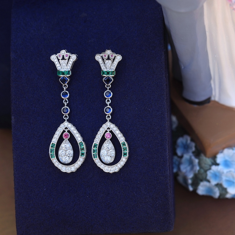 Boucles d'oreille Art Deco Clous Clip on Eventail CZ Multicolore Vert Bleu Ruby Goutte Vintage Style 1920 Mariage Great Gatsby Légère Rhodié image 1