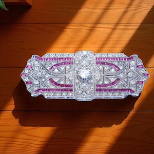 Superb Large Belle Epoque Art Deco Geometric Fine Brooch Set with White Red Ruby CZ Edwardian Vintage Style Rhodium Plated Wedding