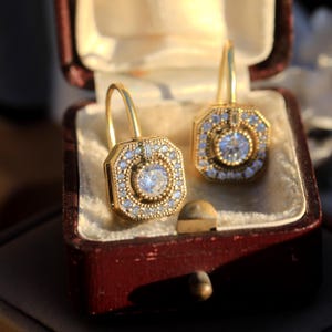 Stunning Art Deco Stud Earrings Sterling Silver 925 Vermeil Geometric Square White CZ Setting Vintage 1920s Style Wedding Lightweight