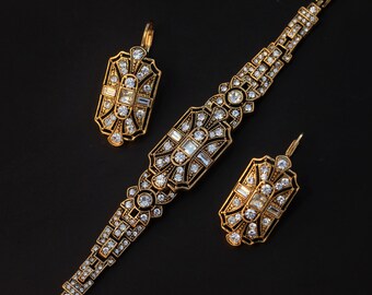 Pendientes de durmiente dorados antiguos, conjunto de pulsera Art Déco de la década de 1920, diamantes de imitación blancos geométricos, boda Vintage, estilo Gran Gatsby