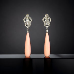 Stunning Clip on Non Pierced Silver Great Gatsby Lace Long Drop Coral Pale Pink 1920s Vintage Old Style Sleeper Earrings