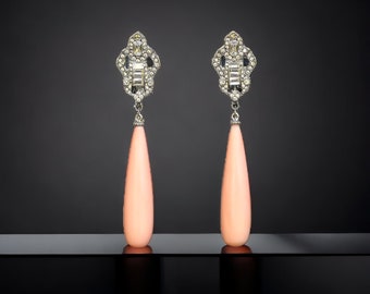 Magníficos pendientes durmientes CLIP en encaje plateado NO perforado Gran Gatsby Drop Long Coral Pale Pink 1920s Vintage Old Style